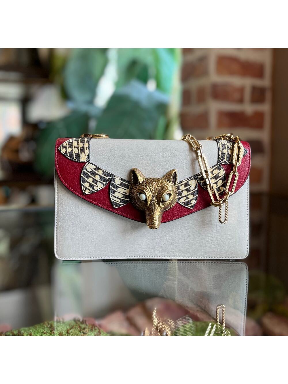 GUCCI White Red Goatskin Snakeskin Fox Broche Shoulder Bag
